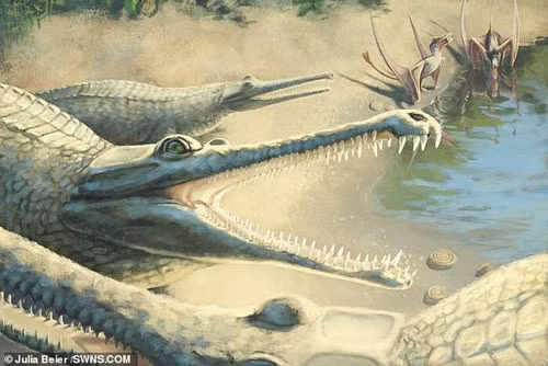 Tranh vẽ loài Mystriosaurus và môi trường sống của chúng.