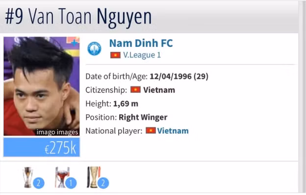 Cụ thể, chân sút của Nam Định vừa giảm giá xuống còn 275 nghìn euro, tức giảm 50 nghìn euro so với kỳ cập nhật trước, sau nửa năm không ra sân thi đấu vì chấn thương. 0998777.png
