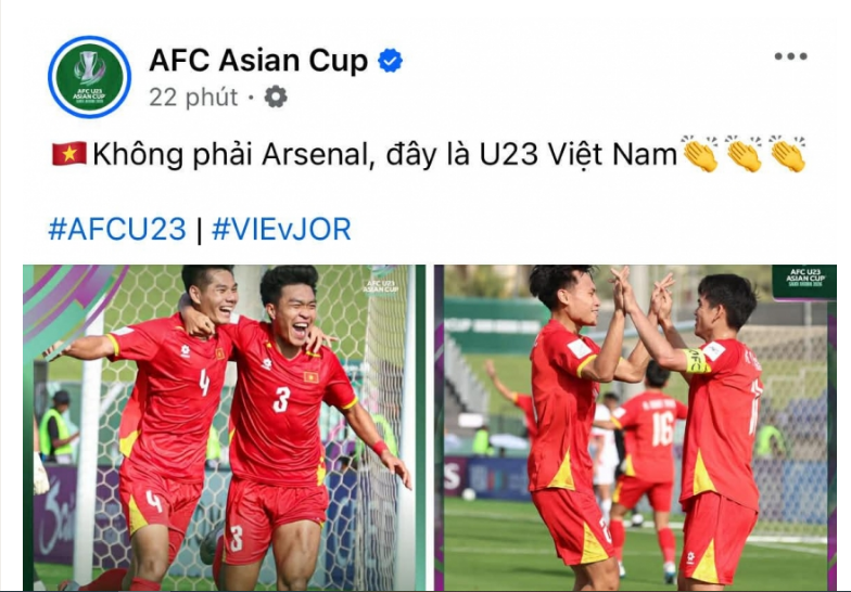 Chứng kiến chiến thắng 2-0 của U23 Việt Nam trước U23 Jordan, AFC đã có sự so sánh ngầm giữa đoàn quân áo đỏ với đội bóng đang dẫn đầu BXH giải Ngoại hạng Anh - Arsenal. 88888888888888888888888888888.png