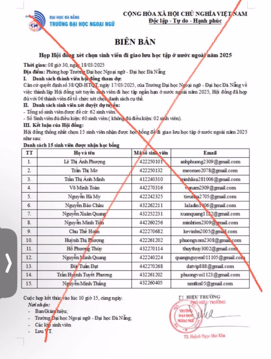 Văn bản giả mạo được đối tượng lừa đảo sử dụng để liên lạc với người nhà sinh viên yêu cầu chứng minh tài chính. 