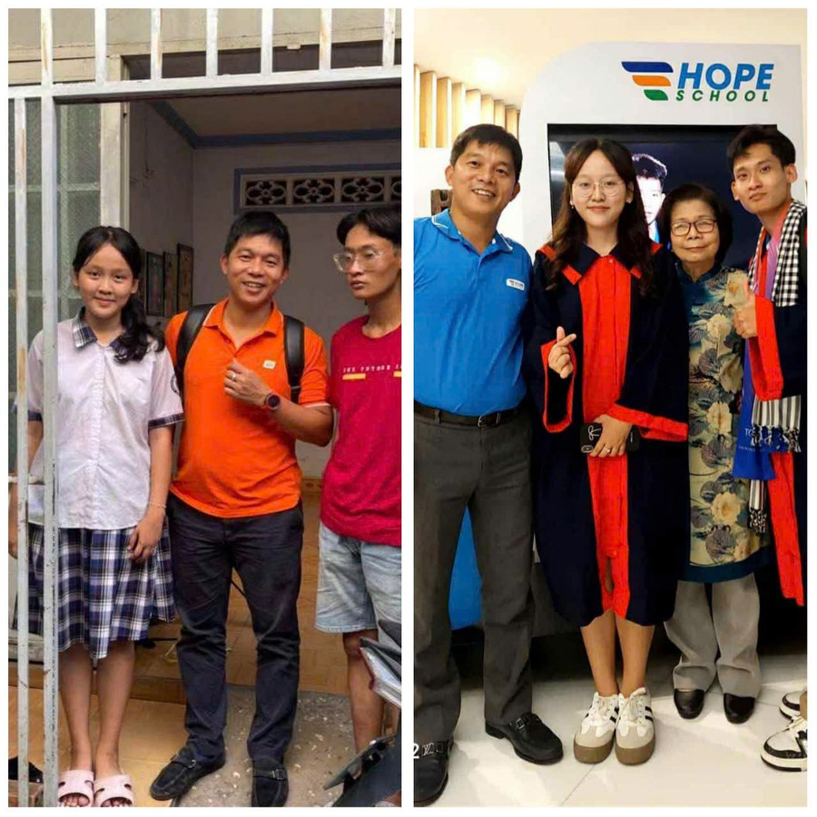 Lưu Hữu Nghị và Lưu Gia Nghi trước khi chuyển đến Trường nội trú Hy Vọng (ảnh trái) và 4 năm sau (ảnh phải) trong lễ tri ân và trưởng thành. truong-hy-vong-hs-mo-coi-do-covif-19.jpg