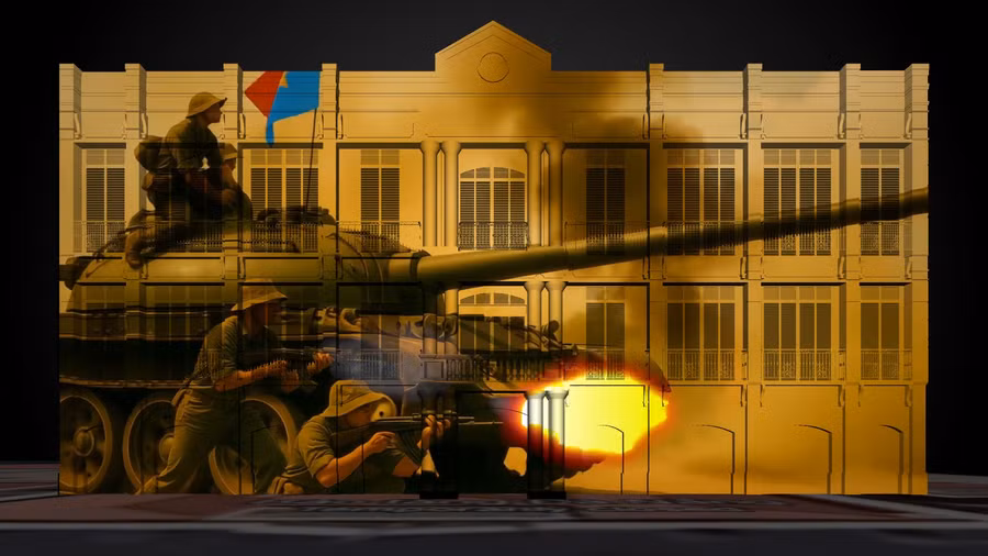 Hình ảnh phim 3D chiếu lên mặt tiền tòa nhà Pháp cổ hiện là Bảo tàng Đà Nẵng. 