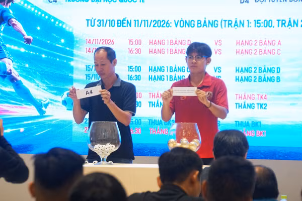 Thủ tục bốc thăm, chia bảng Giải bóng đá sinh viên Đại học Quốc gia TPHCM mở rộng – THACO Cup 2026. Ảnh: M.Tùng.