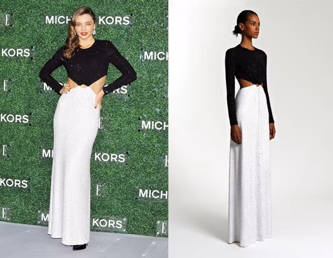 Trước Đêm hội chân dài, Ngọc Trinh cũng lộ ảnh thử 1 kiểu thiết kế của Michael Kors. Mẫu thiết kế người đẹp chọn giống y nguyên mẫu trang phục siêu mẫu Miranda Kerr đã từng mặc trong một sự kiện vào cuối năm 2013.