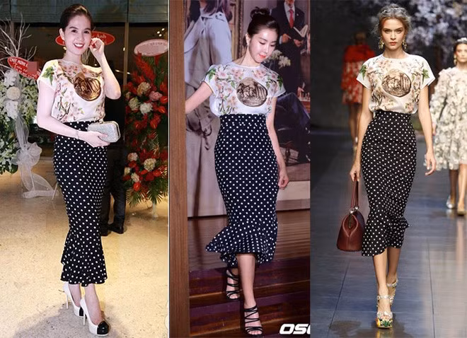 Bộ váy áo Dolce & Gabbana kết hợp giữa hàng hiệu và hàng fake của Ngọc Trinh cũng bị đụng hàng với sao nữ Han Eun Jung trong một sự kiện tại Hàn Quốc.