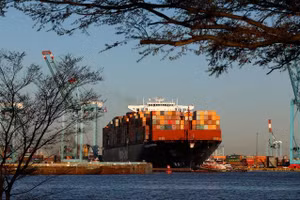 Một tàu chở hàng đậu bên ngoài nhà ga hàng hải Cảng Elizabeth nhìn từ Bayonne, New Jersey, Hoa Kỳ, ngày 9/4. Ảnh: Reuters. 