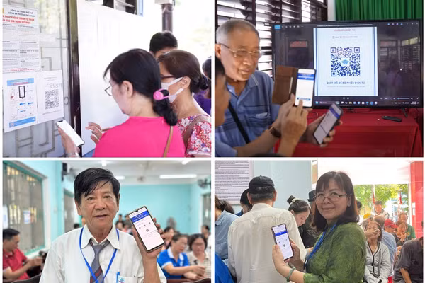 Cử tri phường Thuận Hóa, TP Huế bỏ phiếu bằng hình thức quét mã QR qua Smartphone nhanh chóng, thuận tiện.