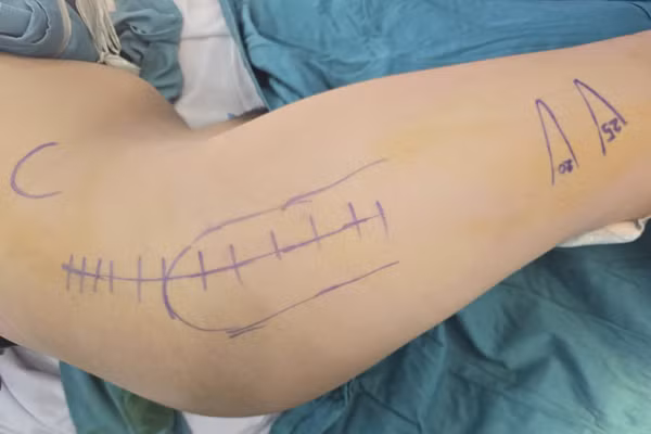 Hình ảnh đường mổ bộc lộ khớp háng phải.