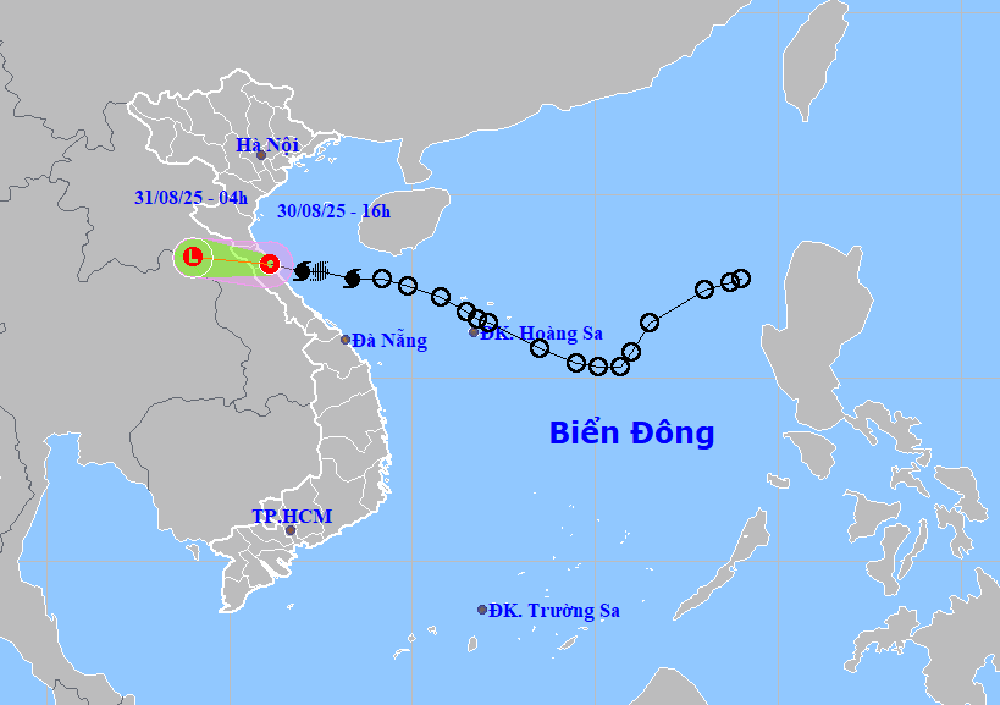 Dự báo vị trí và đường đi của bão số 6 suy yếu thành áp thấp nhiệt đới lúc 16 giờ ngày 30/8.