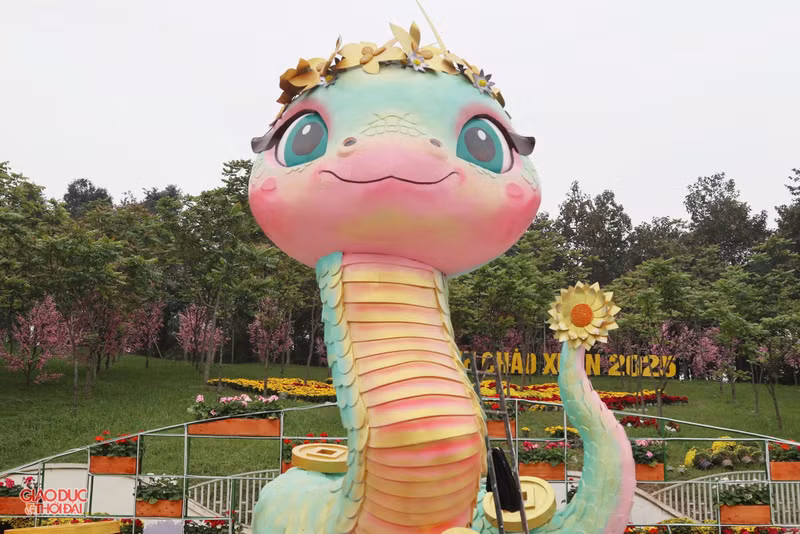 Là nghệ nhân làm linh vật rắn, ông Phan Thái Tổng cho biết, linh vật rắn năm nay có chiều cao 4,4m; chiều rộng khoảng 4m với 2 màu chủ đạo là xanh ngọc và hồng. ran4.jpg