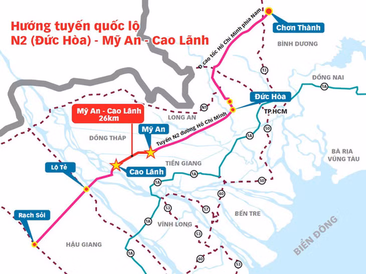 Vị trí tuyến cao tốc Mỹ An - Cao Lãnh trong lý trình kết nối với tuyến N2 và đường Hồ Chí Minh. (Nguồn: Ban quản lý dự án Mỹ Thuận) Vị trí tuyến cao tốc Mỹ An - Cao Lãnh trong lý trình kết nối với tuyến N2 và đường Hồ Chí Minh. (Nguồn: Ban quản lý dự án Mỹ Thuận)