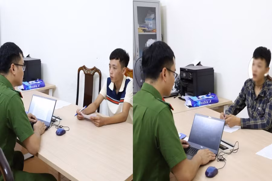 Nguyễn Hoàng Bảo An (trái) và Nguyễn Hoàng Tuấn Kh. tại cơ quan điều tra. (Ảnh: Cơ quan CSĐT cung cấp)