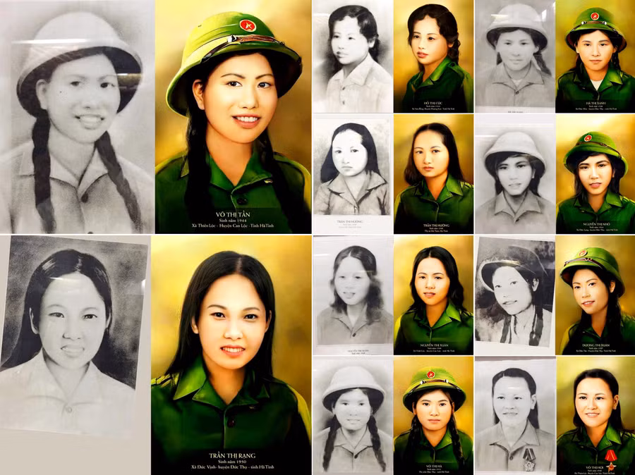 Hình ảnh của 10 nữ liệt sĩ Thanh niên xung phong ở Ngã ba Đồng Lộc được phục chế từ ảnh đen trắng sang ảnh màu.