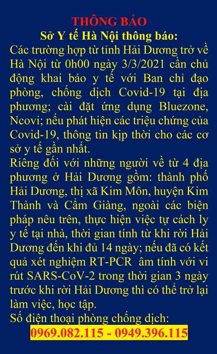 Sở Y tế Hà Nội thông báo về việc các trường hợp từ Hải Dương trở về Hà Nội từ ngày 3/3/2021.