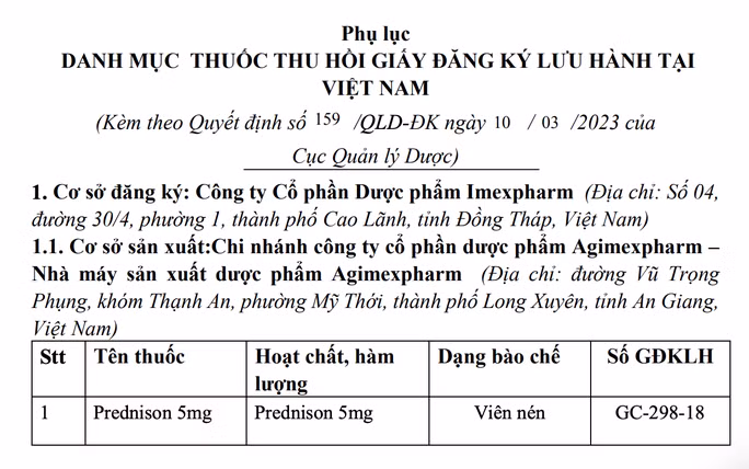 Thông báo thu hồi giấy đăng ký lưu hành đối với thuốc Prednison 5mg.