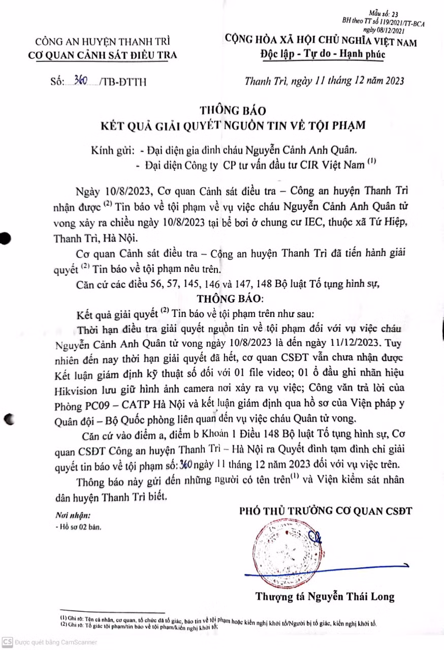 Văn bản của cơ quan chức năng liên quan vụ việc cháu Q. tử vong vì ngạt nước.