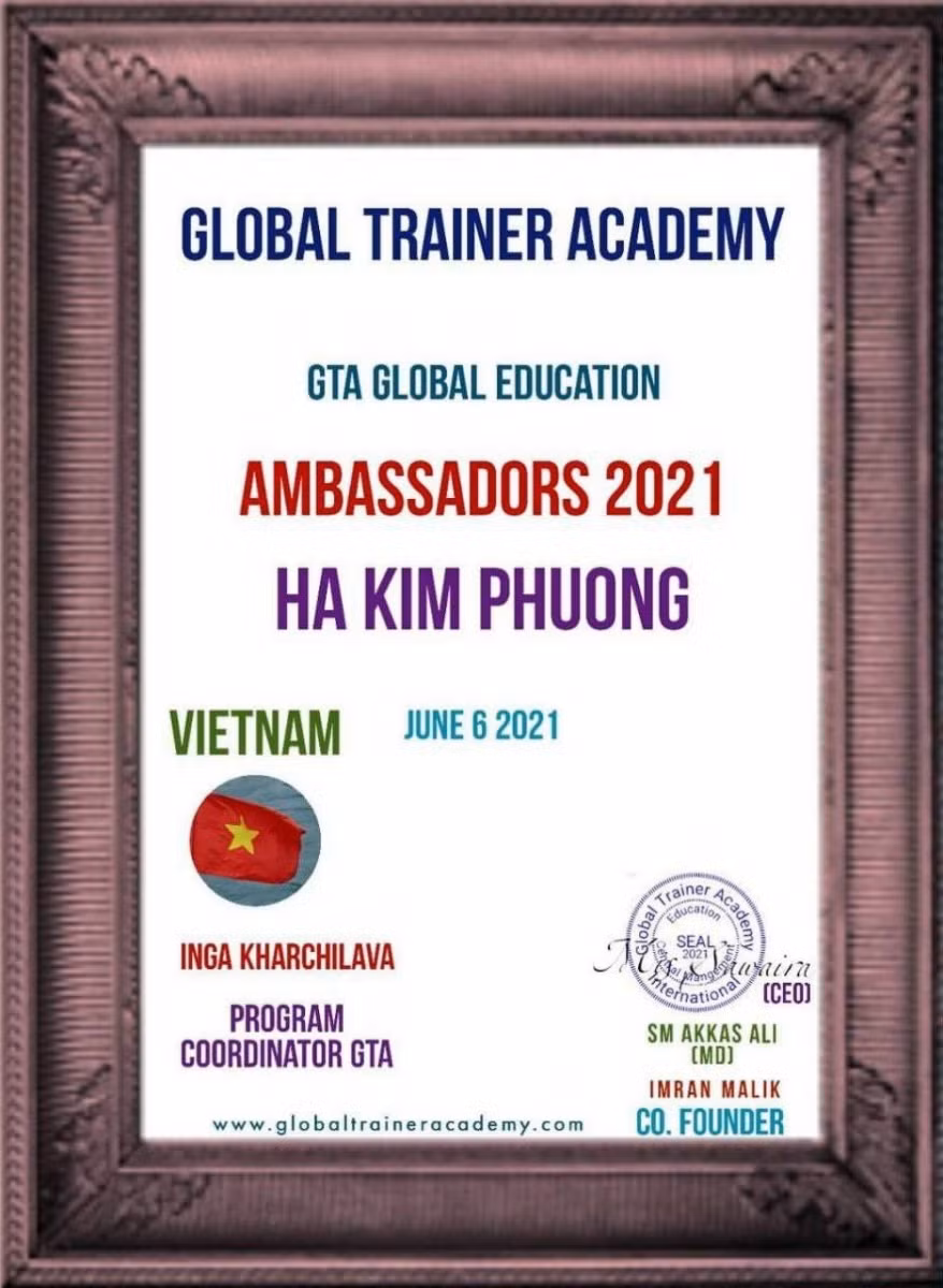 Bằng khen “Đại sứ giáo dục toàn cầu 2021” của cô giáo Hà Kim Phượng
