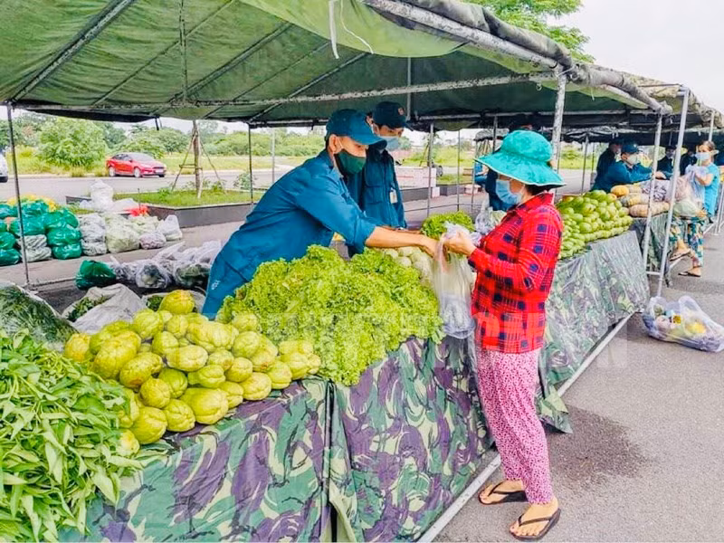 Các chiến sĩ lực lượng vũ trang Quận 12 đang hướng dẫn người dân nhận rau củ. Ảnh: Trang tin điện tử Đảng bộ TP.HCM.