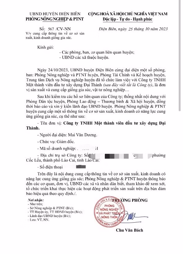 Công văn do Phòng NN&amp;PTNT huyện Điện Biên ban hành.