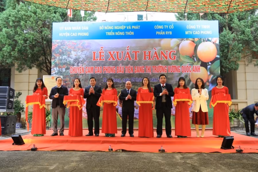 Lãnh đạo tỉnh Hoà Bình cắt băng khánh thành tại lễ xuất lô hàng cam Cao Phong sang Vương Quốc Anh. Lãnh đạo tỉnh Hoà Bình cắt băng khánh thành tại lễ xuất lô hàng cam Cao Phong sang Vương Quốc Anh.