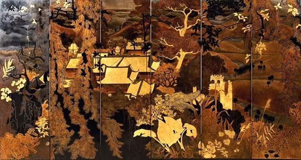 Tác phẩm “Chùa Thầy” của họa sĩ Phạm Hậu, sáng tác năm 1934. Chất liệu: Sơn mài trên gỗ.