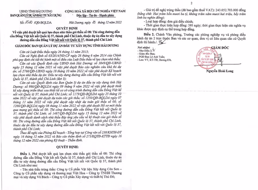 Ban QLDA đầu tư xây dựng tỉnh Hải Dương phê duyệt liên danh Công ty Vũ Bách trúng gói thầu số 08, có giá dự toán 245,083 tỉ đồng.
