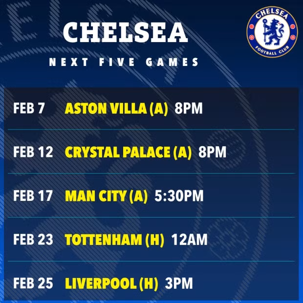 Lịch thi đấu sắp tới của Chelsea. Lịch thi đấu sắp tới của Chelsea.