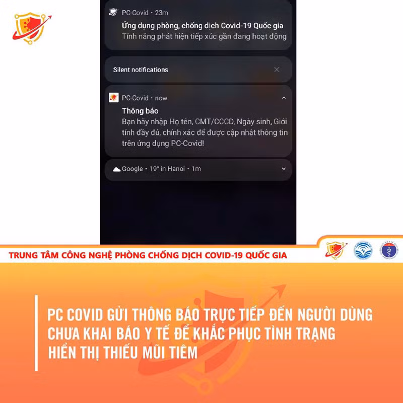 PC-Covid đã chủ động rà quét và gửi thông báo trực tiếp đến những người dùng chưa khai báo hoặc khai báo thiếu thông tin cá nhân trên ứng dụng. Ảnh: Thanh Hà.