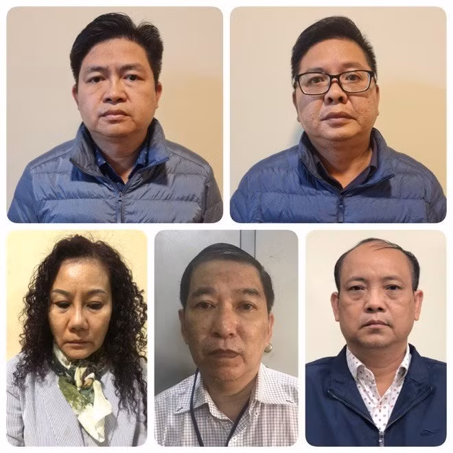 Các bị can từ trái sang phải: Nguyễn Vũ Bảo Hoàng; Nguyễn Ngọc Trường Chinh; Nguyễn Thị Bích Ngọc; Quan Minh Tuấn; Nguyễn Văn Lành. Ảnh: Bộ Công an