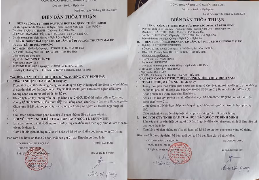 Mặc dù không cấp được Visa cho lao động đăng ký đi du lịch thương mại Úc nhưng Công ty Bình Minh vẫn yêu cầu cọc 2.000 USD/lao động và chiếm đoạt. Mặc dù không cấp được Visa cho lao động đăng ký đi du lịch thương mại Úc nhưng Công ty Bình Minh vẫn yêu cầu cọc 2.000 USD/lao động và chiếm đoạt.