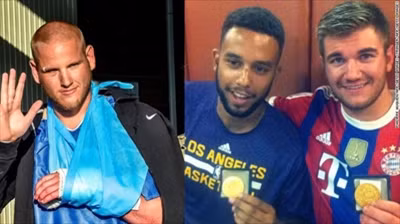 Từ trái qua phải: Spencer Stone, Anthony Sadler và Alek Skarlatos – Những người hùng trong vụ khống chế đối tượng xả súng trên chuyến tàu. Ảnh: CNN.