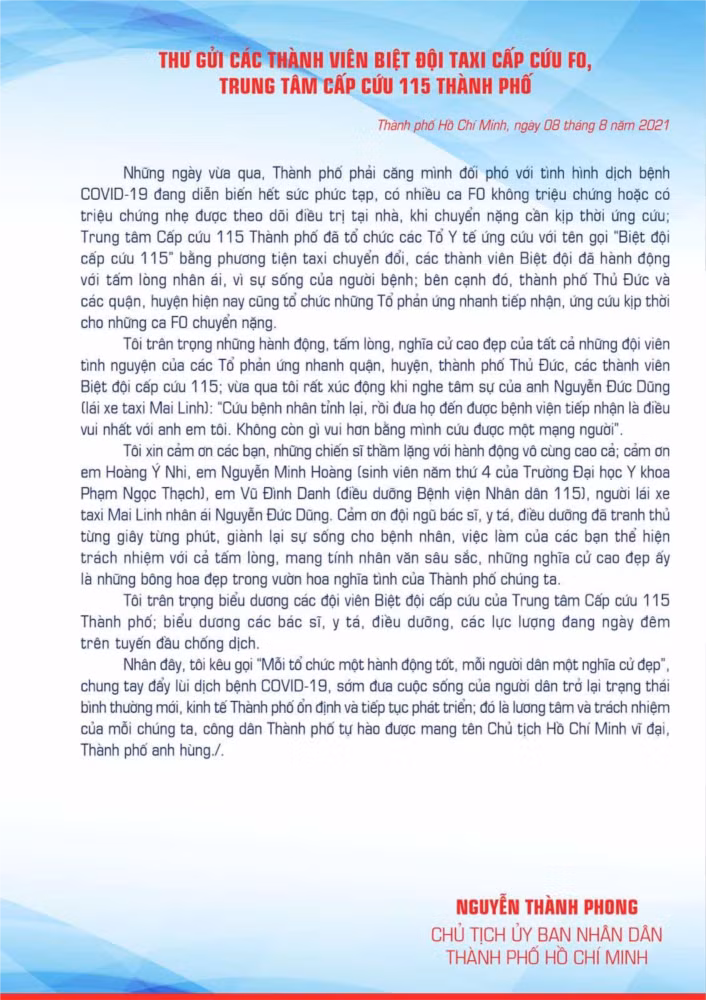 Nội dung thư của Chủ tịch UBND TP Hồ Chí Minh Nguyễn Thành Phong. Nguồn: Sở Y tế TP Hồ Chí Minh.
