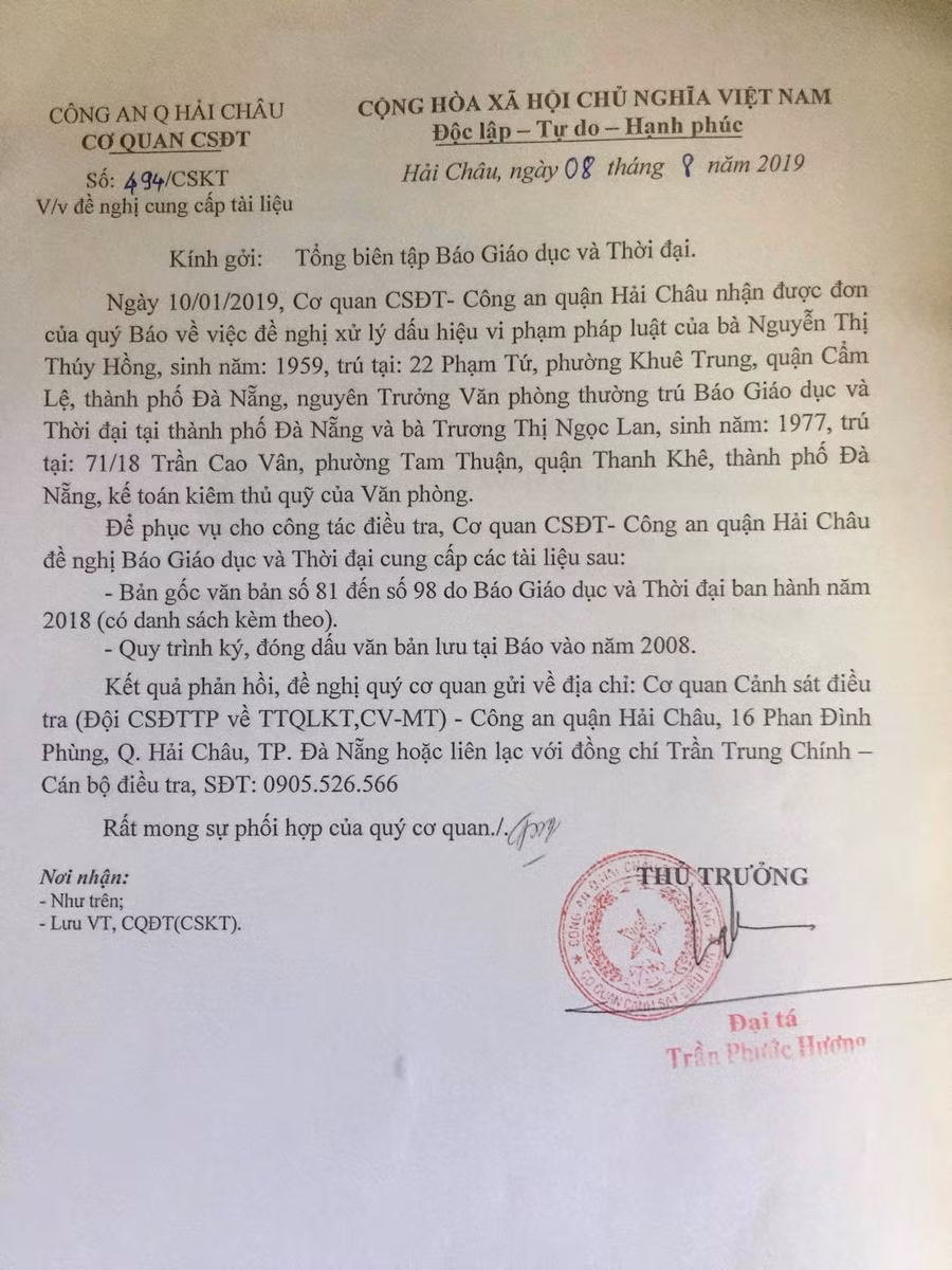 Công an quận Hải Châu- Đà Nẵng yêu cầu Báo GD&TĐ cung cấp tài liệu sau khi có quyết định tạm đình chỉ.
