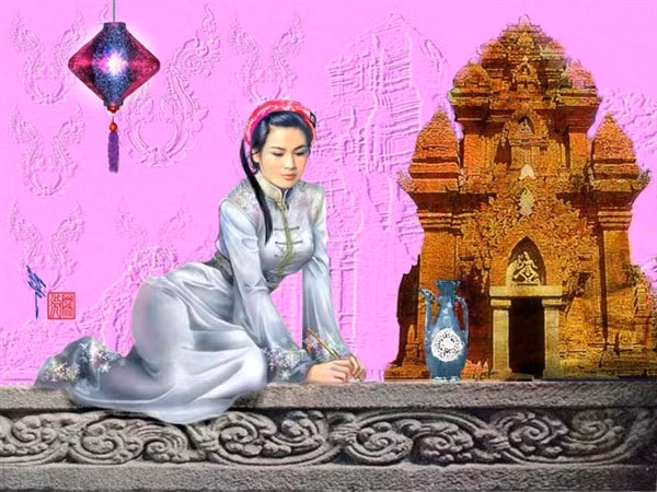 Tranh minh họa công chúa Huyền Trân với biểu tượng Chiêm Thành là tháp Chàm.