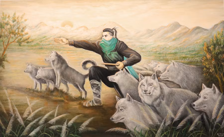 Tranh vẽ tướng Nguyễn Xí huấn luyện chó săn tại núi rừng Lam Sơn, Thanh Hóa, tác giả: Sỹ Hoan