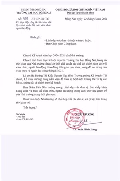 Văn bản thể hiện chậm trả lương do hiệu trưởng nhà trường ban hành ngày 12/5.