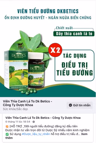 Quảng cáo sản phẩm DK-Betics có tác dụng điều trị bệnh tiểu đường tràn lan trên mạng xã hội.