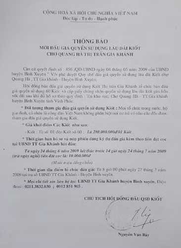 Thông báo mời bán đấu giá ki ốt chợ Quang Hà.
