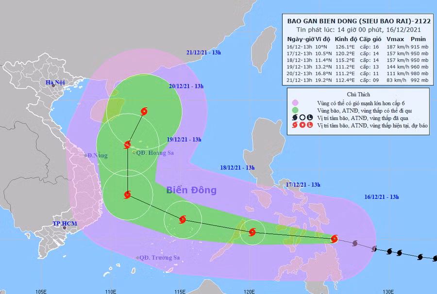 Dự báo vị trí và đường đi của bão RAI. Ảnh: Trung tâm Dự báo khí tượng thủy văn quốc gia.