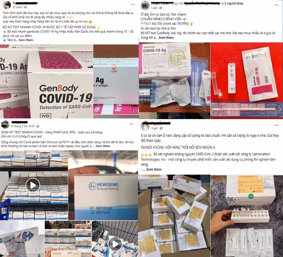 Các kit test nhanh kháng nguyên Covid-19 không rõ nguồn gốc được rao bán tràn lan trên mạng xã hội và các ứng dụng thương mại điện tử. Ảnh chụp màn hình Facebook.