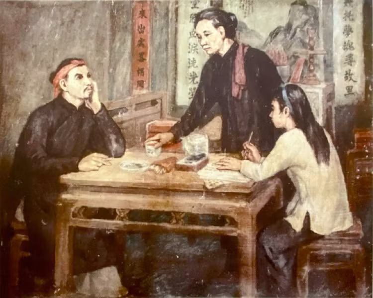 Tranh của họa sĩ Nguyễn Phi Hoanh vẽ Nguyễn Đình Chiểu sáng tác, bà Sương Nguyệt Anh ghi chép.