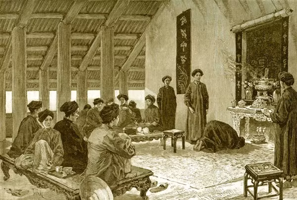Hình vẽ lễ gia tiên trong đám cưới thời phong kiến. Ảnh tư liệu.