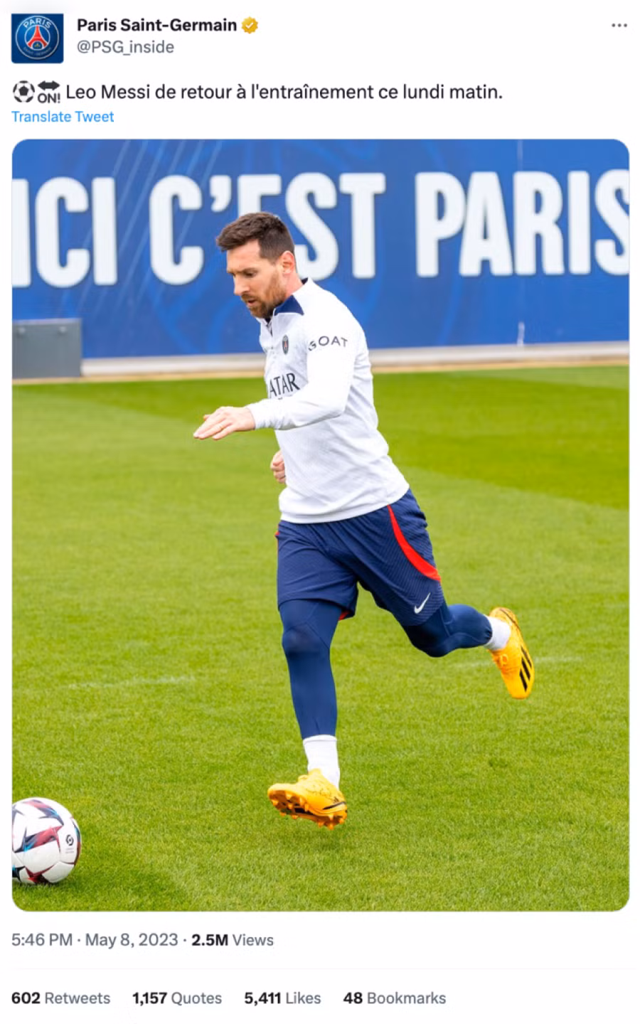 PSG thông báo Messi đã trở lại tập luyện với đồng đội hôm 8/5. PSG thông báo Messi đã trở lại tập luyện với đồng đội hôm 8/5.
