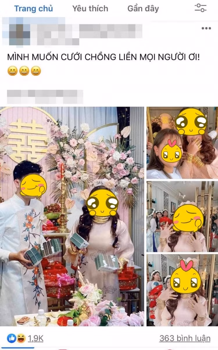 Bài viết về cô dâu xinh đẹp đeo đầy vàng thu hút hàng nghìn lượt thích và bình luận.