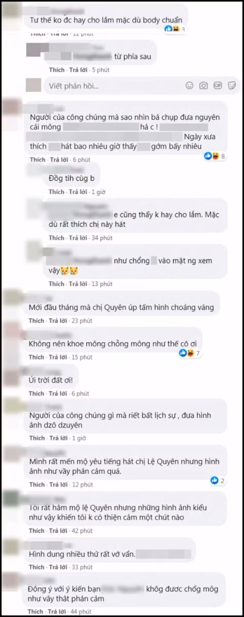 Dưới bài viết đã nhận về hàng loạt chỉ trích về hành động được người hâm mộ đánh giá là phản cảm của Lệ Quyên. Ảnh chụp màn hình FB.