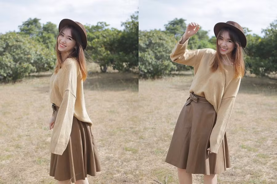 Hari Won lựa chọn áo len với chân váy cùng tông nâu be, phối màu mũ cùng tông giúp khoe làn da trắng ngần dưới nắng.