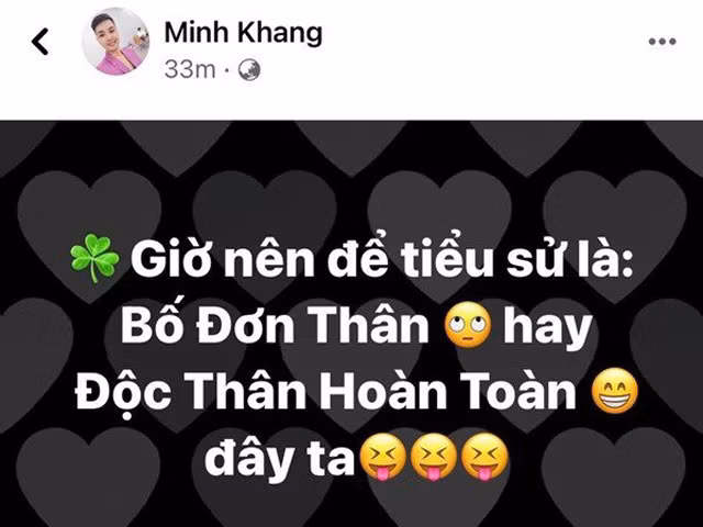 Minh Khang chia sẻ trên trang cá nhân trạng thái độc thân.