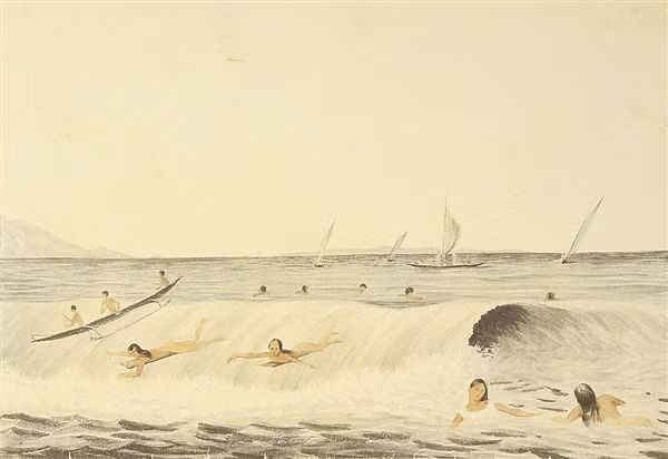 Tranh vẽ lướt ván ở Hawaii năm 1855 của họa sĩ James Gay Sawkins (1806 – 1878, Anh).