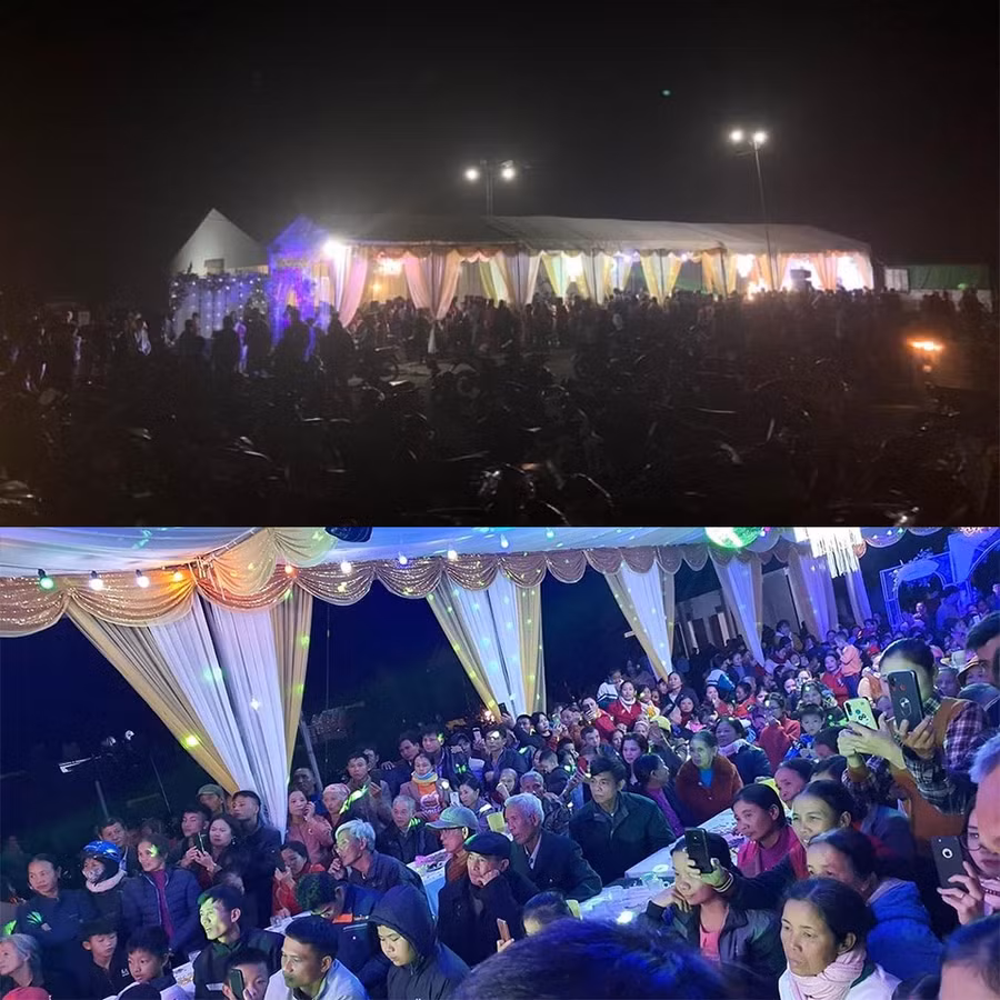 Rạp cưới tại nhà Công Phượng đón đông đảo bà con xóm làng đến chung vui tối 2/12.