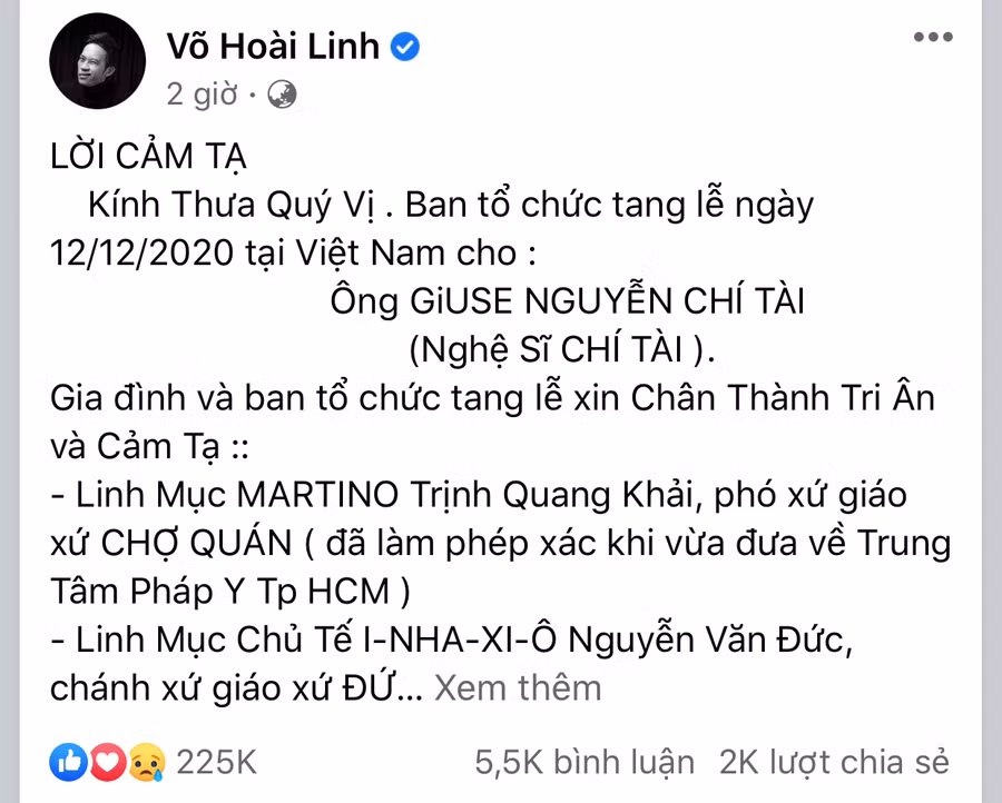 Hoài Linh thông báo linh cữu Chí Tài đã đến Mỹ an toàn ảnh 1